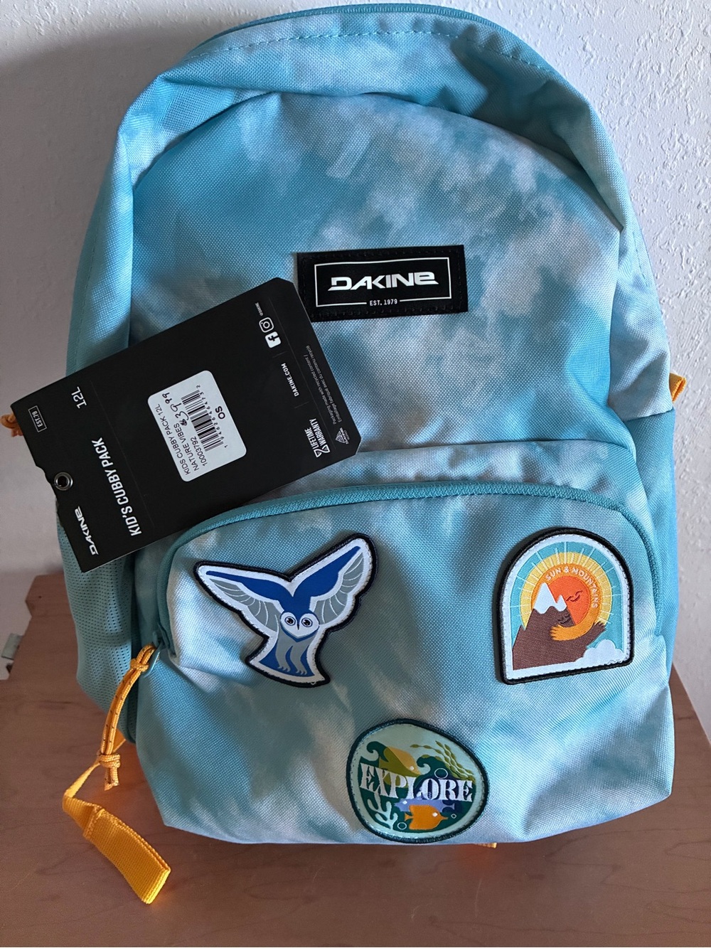 Dakine Kids Backpack in Sky Blue Tie-Dye with Yellow Accents